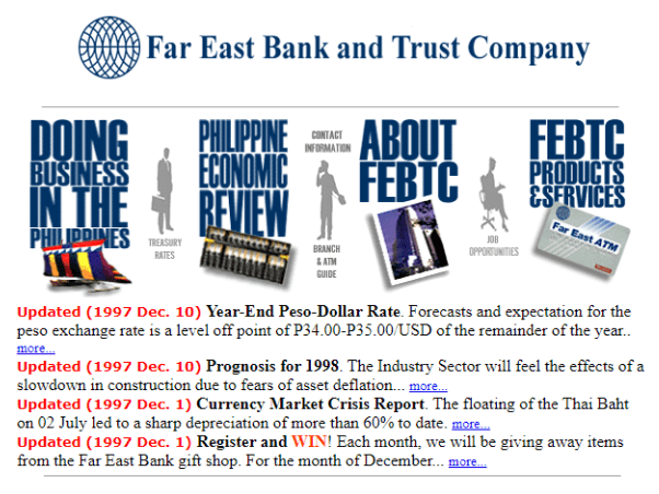 A snapshot of the Far East Bank website circa 1997. Source: Archive.org