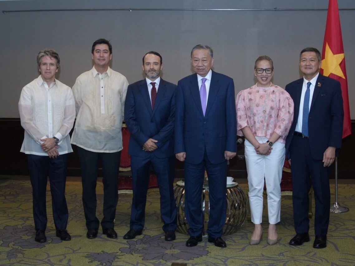 Aboitiz Group officials met with Vietnamese President To Lam (fourth from left) during the first day of his state visit to the Philippines. From left: AboitizPower chief corporate services officer Carlos Aboitiz, AboitizPower chief financial officer Sandro Aboitiz, Aboitiz Foods president and CEO Tristan Aboitiz, President To Lam, Aboitiz InfraCapital president and CEO Cosette Canilao, and Aboitiz Equity Ventures chief corporate external affairs officer DJ Sta. Ana. | Contributed photo