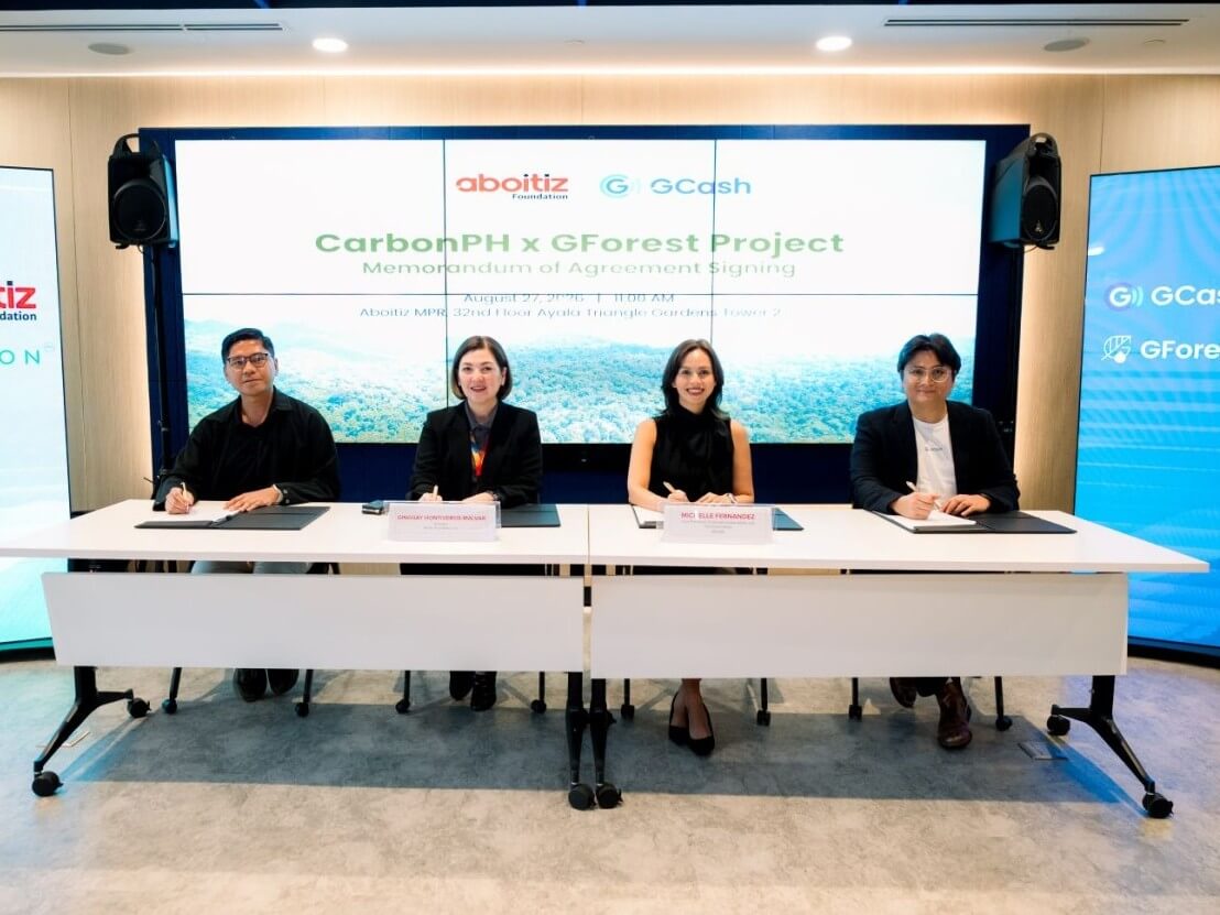 Aboitiz Foundation and GCash launch a five-year GForest partnership to help restore 1,200 hectares in Balamban, Cebu, supporting the foundation&rsquo;s 40-year nature-based climate action commitment. From left are Aboitiz Foundation impact lead for climate action Fred Dalumpines, Aboitiz Foundation president Ginggay Hontiveros-Malvar, Mynt head of corporate sustainability and communications Michelle Fernandez, and Mynt impact innovations product manager Luis Arboleda. | Contributed photo