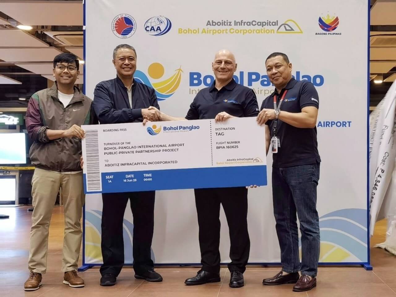 (From left) CAAP Deputy Director-General Danjun G. Lucas, CAAP Director-General Lieutenant-General Raul L. Del Rosario (Ret.), MCIA CEO Athanasios Titonis, and Aboitiz InfraCapital Airports Service Co. head of operations and security Ronald R. Mangahas at the turnover ceremony./Photo from Abotiz InfraCapital