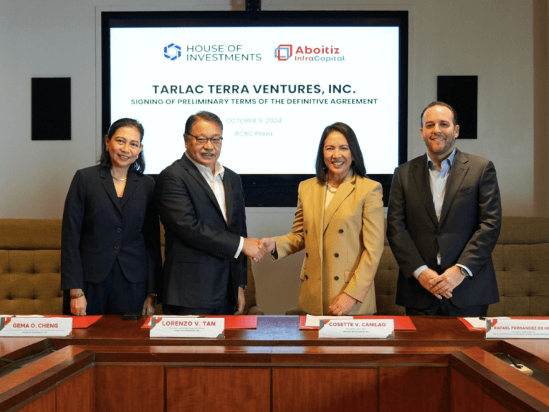 In an agreement signed last Oct. 9, 2024, in Makati City, the Yuchengco Group’s non-bank holding company House of Investments and Aboitiz InfraCapital Inc. will be incorporating HI’s 184-hectare property as part of AIC’s expanded TARI Estate in Tarlac.  Leading the signing were Lorenzo V. Tan, HI president & CEO and Cosette V. Canilao, AIC president & CEO. They were joined by Gema O. Cheng, House of Investments EVP-COO, CFO, & treasurer and Rafael Fernandez de Mesa, LIMA Land Inc. president & Aboitiz InfraCapital Economic Estates head./Photo from HI 