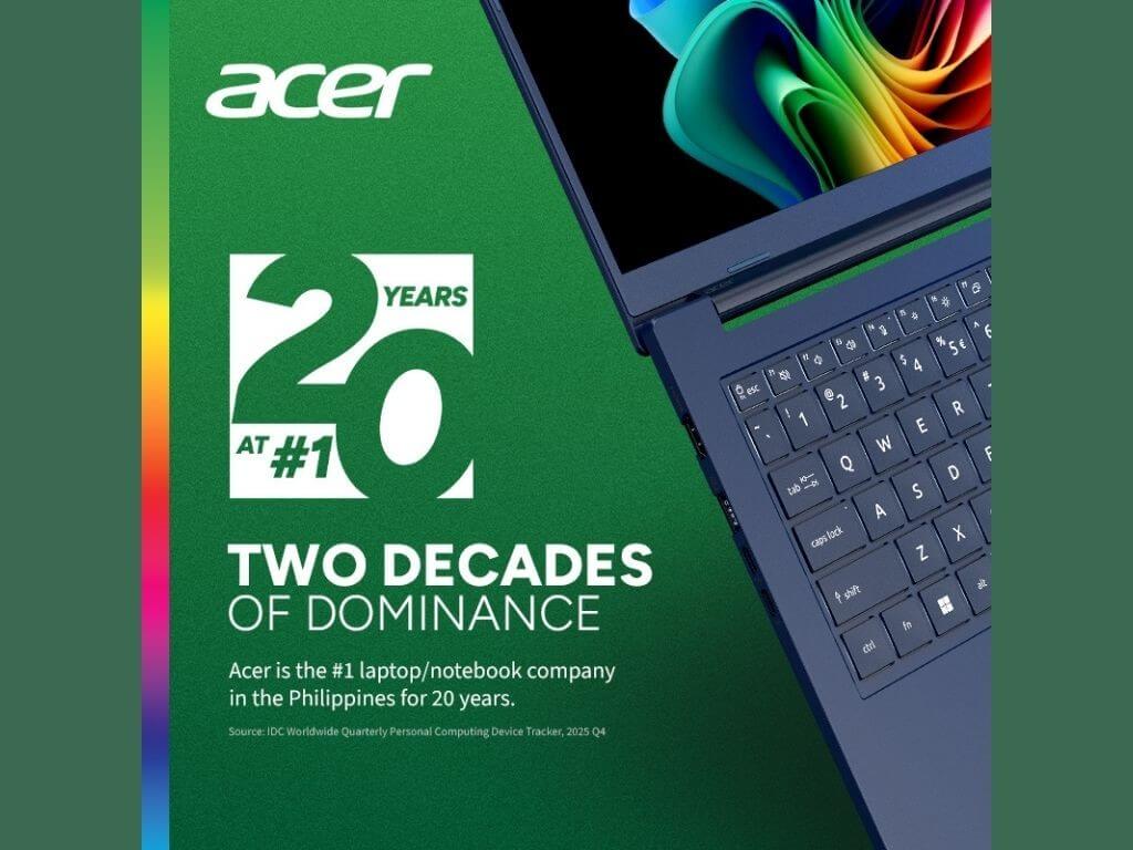 Acer has officially marked two decades of market leadership in the Philippines, maintaining its position as the country&rsquo;s No. 1 laptop brand for 20 consecutive years from 2006 to 2025. | Contributed photo