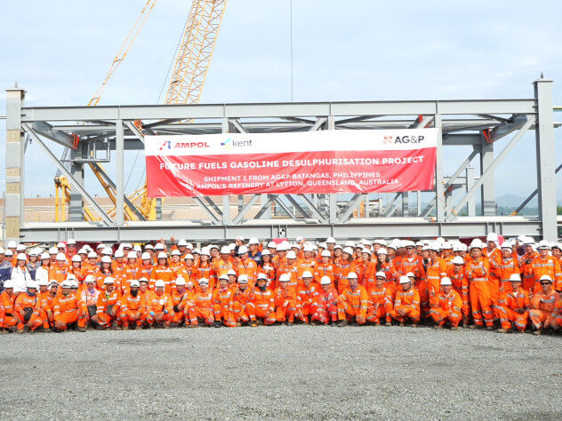 Workers of AG&P’s Batangas fabrication facility pose before the first module destined for Ampol’s fuel refinery in Australia./Contributed Photo