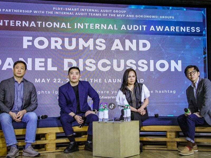 Spearheaded by the Internal Audit Group of PLDT and Smart in collaboration with MVP Group and JG Summit Holdings Internal Audit teams, the event featured a panel discussion with (L-R) David Gulliver Go, chief human resources officer of JG Summit and director of Cebu Air; Francis Flores, global managing director of Pickup Coffee, and Dr Erika Legara, director and chief data officer of the Philippine Center for AI Research. The panel discussion was moderated by Gian Lao of PLDT and Smart&rsquo;s public engagement and corporate communications group.| ​Contributed photo