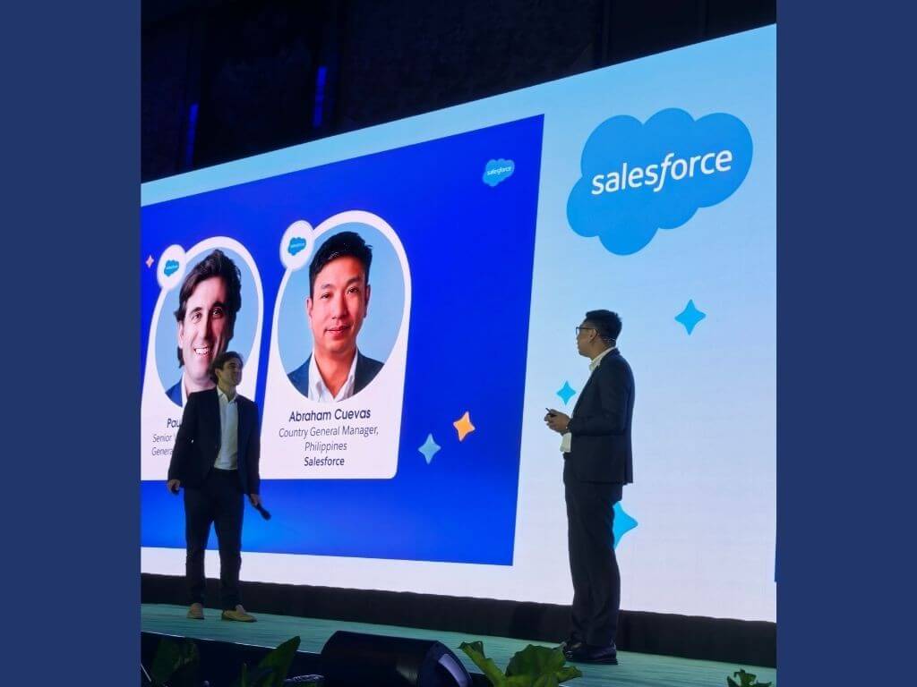 Paul Carvouni, Salesforce senior vice president and general manager for Asean, shares a light moment on stage with Abraham Cuevas during the event. &nbsp;| Photo by Vanessa Hidalgo