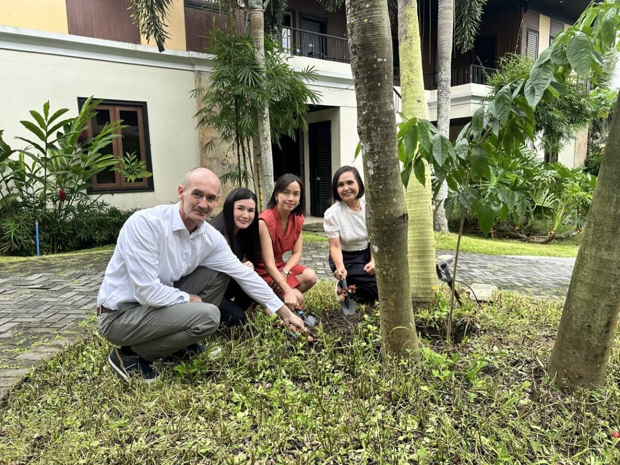 Anya Resort Tagaytay and First Gen officials plant a narra tree at the resort&rsquo;s Tala Garden to mark their partnership and shared commitment to protecting nature and promoting a regenerative future. From left: Anya Resort Tagaytay general manager Mikel Arriet; First Gen customer progress partner lead Eri Castelo; First Gen head of sales and engagement Arlene Soriano; and Anya Resort Tagaytay resort manager Melody Amacio. | Contributed photo