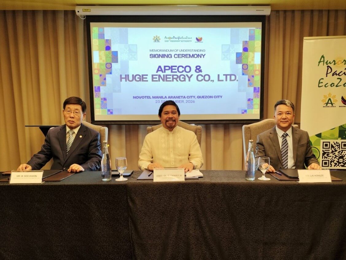 From left: Dong-A Global Co. Ltd. chair & CEO Ik Soo Kwon, APECO President and CEO Gil G. Taway IV, and Huge Energy Co., Ltd. chair & CEO Lai Hongze. | Contributed photo