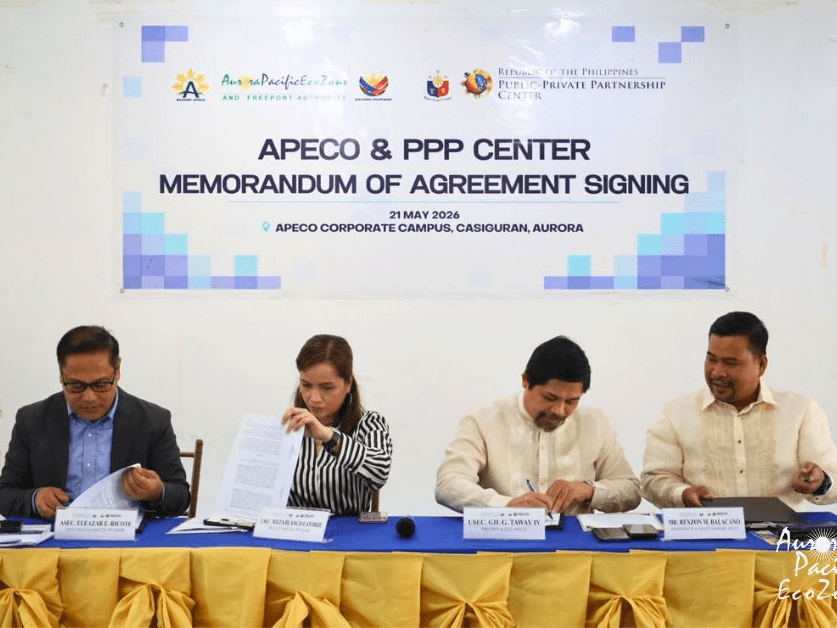 APECO and PPP Center sign a Memorandum of Agreement at APECO Corporate Campus Brgy. Esteves, Casiguran, Aurora on May 21, 2026. From left, PPP Center Deputy Executive Director Assistant Secretary Eleazar E. Ricote, Executive Director Undersecretary Rizza Blanco-Latorre, APECO President and CEO Undersecretary Gil G. Taway IV, and Administrative and Finance Manager Rexzon M. Balacano. | Contributed photo