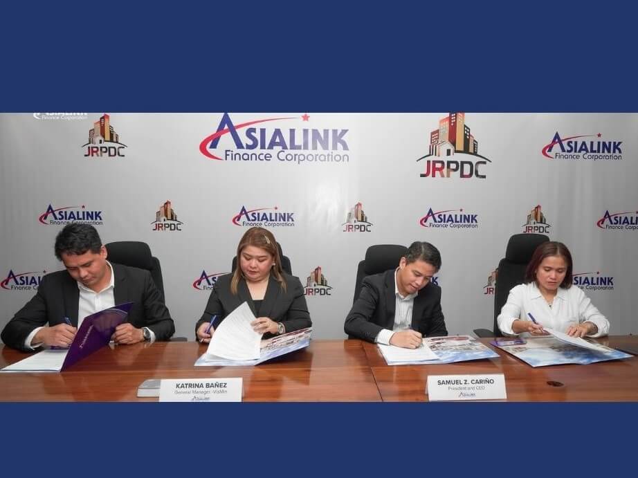  (From left): Nestor Olivar Jr., deputy general manager-VisMin of Asialink Finance Corp.; Katrina Bañez, general manager-VisMin of Asialink Finance Corp.; Samuel Cariño, president and CEO of Asialink Finance Corp.; and Jhovy Kapa Punzalan, president and CEO of J. Reuel Properties and Development Corp. formalize their partnership at Asialink’s head office. | Contributed photo
