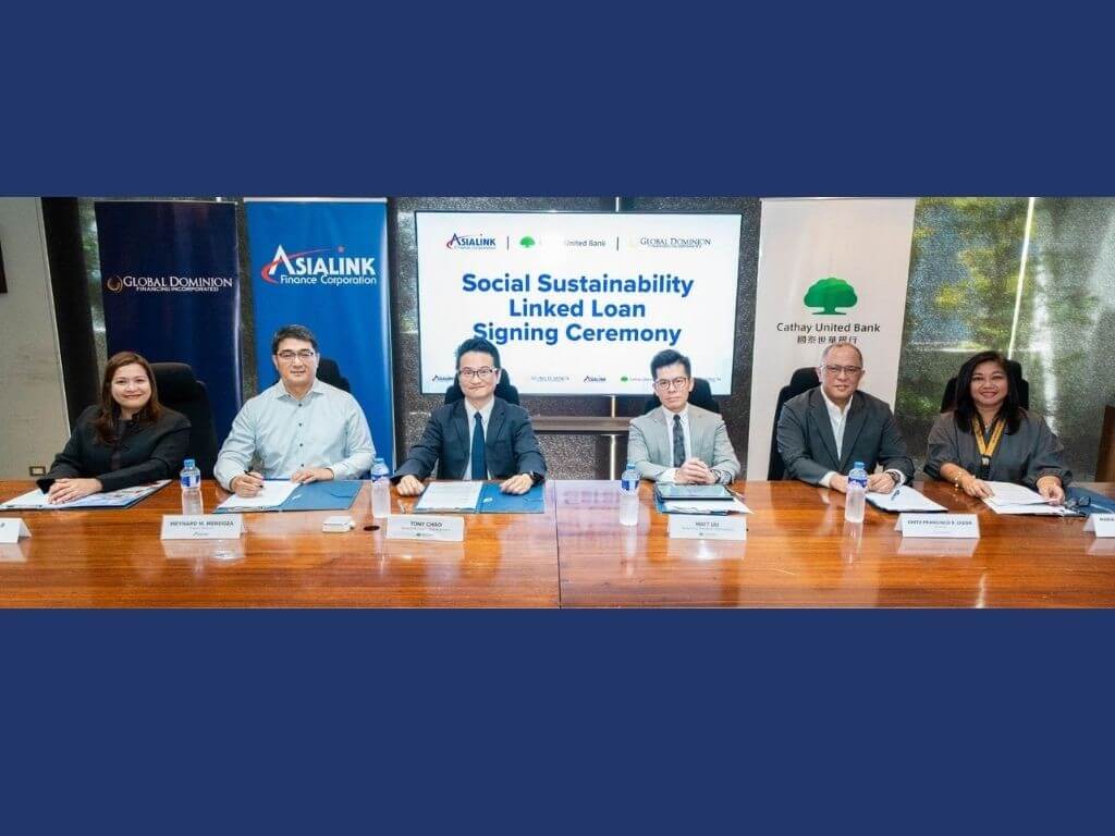 Eleanor Y. Yap, chief operating officer, Asialink Finance Corp.; Meynard M. Mendoza, group finance director, Asialink Group of Companies; Tony Chao, general manager, Cathay United Bank - Manila Branch; Matt Liu, senior vice president, CSD and ESG, Cathay United Bank; Chito Francisco R. Dizon, director, Global Dominion Financing Inc.; and Maria Carmela Laarni G. Felicadario, chief operating officer, Global Dominion Financing Inc. | Contributed photo