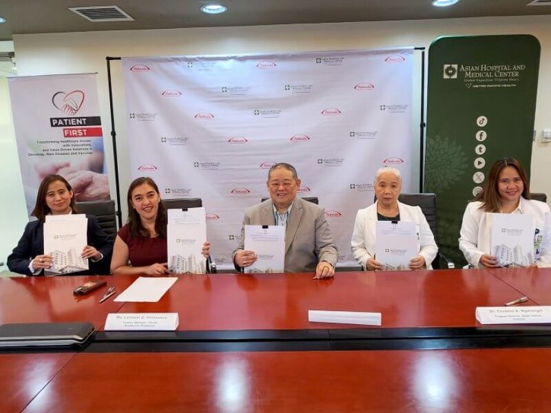 AHMC headed by Dr. Beaver Tamesis (fourth from left) and Takeda headed by Loreann Villanueva (third from left) sign the MOU. | Contributed photo (Click to view full image)