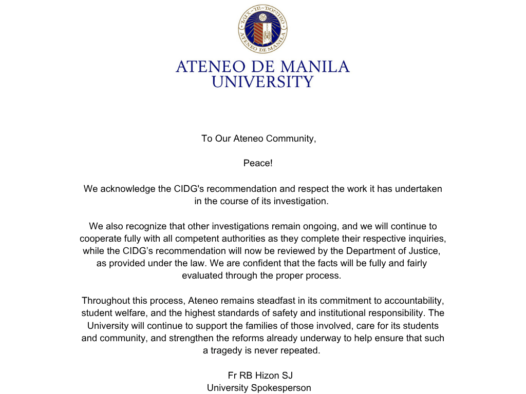 Ateneo's statement sent out on the morning of Friday, June 26, 2026. | Contributed Photo