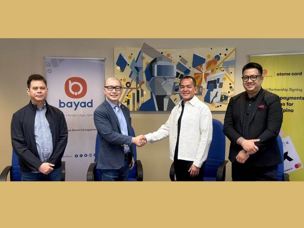From left: Dennis Gatuslao, Bayad chief commercial and marketing officer; Lawrence Ferrer, Bayad president and CEO; Christian Quiros, president, Atome Philippines and Leandro Caprio, VP business development, Atome PH. | Contributed photo