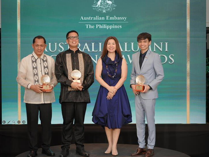 Ambassador Yu with the recipients of the Australia Alumni Excellence Awards. From L-R: Dr Santiago Pena Jr., Excellence in Innovation; Dr Jaime Manalo IV, Alumnus of the Year; Ramon Carlo Pio Roda, Young Achiever./ Contributed photo