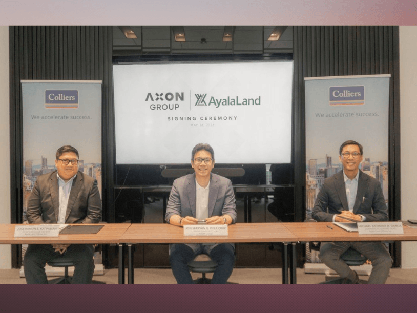 From left: Ayala Land Offices CEO Jose Ramon E. Katipunan, AXON Group managing director Sherwin G. Dela Cruz, and Michael Anthony D. Garcia, Makati and South Luzon Offices general manager of Ayala Land Offices, sign a long-term lease agreement for a prime office property along Ayala Avenue in Makati&rsquo;s central business district. | Contributed photo