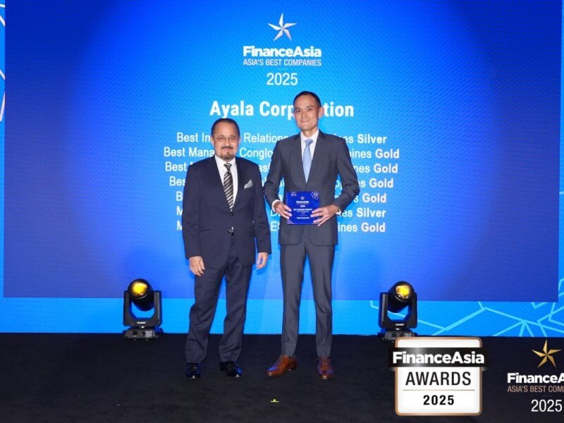 Caption: Ayala Corp. chief finance officer Albert M. de Larrazabal and head of investor relations Martin Lopez receive the company's multiple awards at the FinanceAsia Awards in Hong Kong, June 17, 2025.