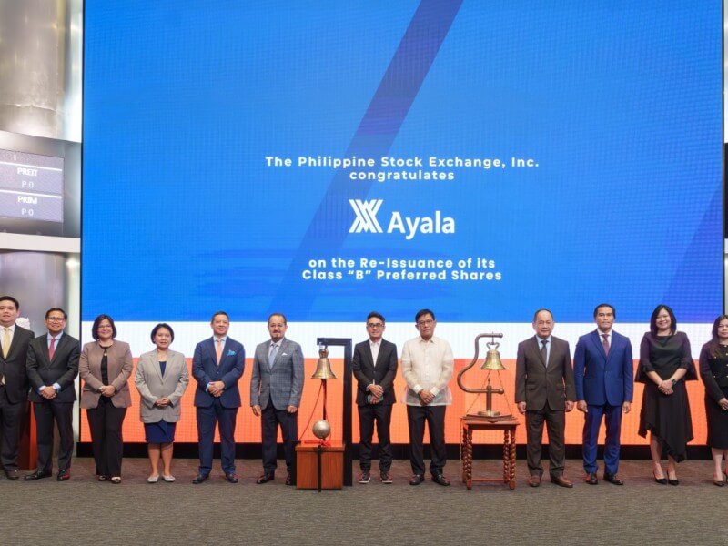 (From left) Ayala Corp. head of corporate strategy and business development Mark Robert H. Uy, treasurer Estelito C. Biacora, chief legal counsel Franchette M. Acosta, comptroller Josephine G. De Asis, deputy CFO Juan Carlos L. Syquia, CFO Alberto M. de Larrazabal, SEC Commissioner McJill Bryant T. Fernandez, SEC Chair Francis Edralin Lim, PSE President and CEO Ramon S. Monzon, COO Roel A. Refran, PSE head of issuer regulation division Marigel Baniqued-Garcia, and PSE general counsel Veronica V. Del Rosario./ Contributed photo