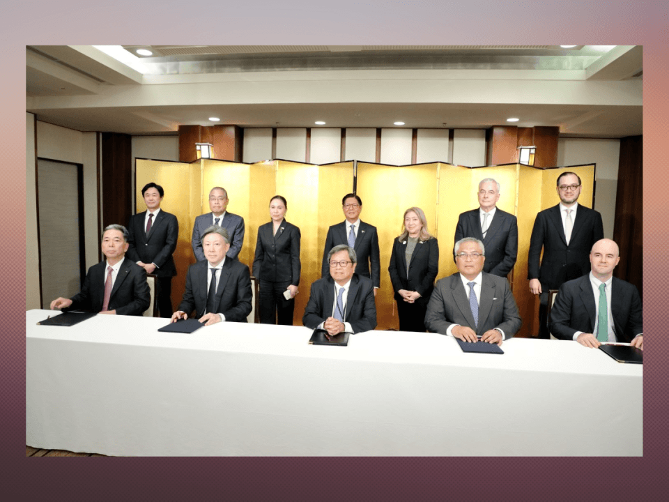 Ayala Group executives joined Philippine and Japanese officials and business leaders in Tokyo for the signing of strategic agreements on intelligent cities, digital finance, and data-driven services. Standing, from left: KDDI president and CEO Hiromichi Matsuda; Mitsubishi Corp. president and CEO Katsuya Nakanishi; Trade and Industry Secretary Cristina Roque; President Ferdinand Marcos, Jr.; Philippine Ambassador to Japan Mylene Garcia Albano; Ayala Corp. vice chair Fernando Zobel de Ayala; and chief social infrastructure officer Paolo F. Borromeo. Seated from left are KDDI managing executive officer Hiroaki Hosoi; Mitsubishi Corp. mineral resources group EVP Satoshi Koyama; Ayala Corp. president and CEO Cezar P. Consing, Globe Telecom president and CEO Carl R. Cruz; and Ayala Corp. executive director Jaime Urquijo. | Contributed photo