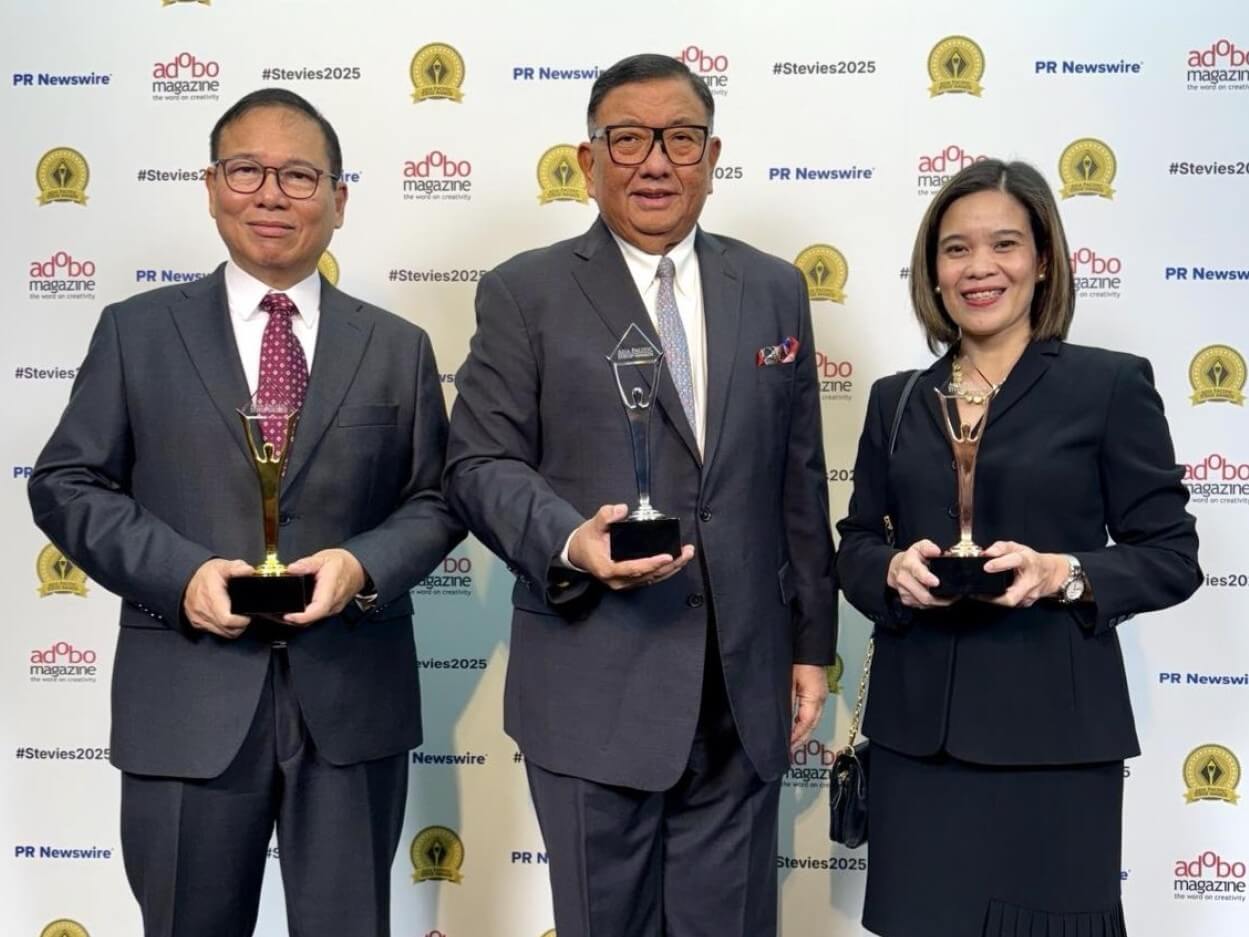 Ayala Corp.’s Saludo sa Serbisyo receives a Stevies Gold for Innovation in Community Relations. (From left) Emmanuel Bautista, Ayala Corp. security and crisis management head; Rene Almendras, Ayala Corp. public affairs principal; and Yazmine Gay Agustin, Saludo sa Serbisyo program head./Photo from Ayala Corp.