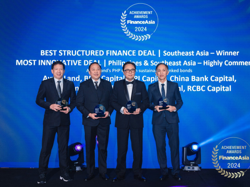 From Left: BPI Capital Corp. president Roland Gerard R. Veloso Jr.; Ayala Land Inc.(ALI) treasury senior division manager Ricardo Ulysses C. Tabije IV; ALI senior vice president, chief finance officer & treasurer Augusto D. Bengzon; and BDO Capital & Investment Corp. president Eduardo V. Francisco. BPI Capital and BDO Capital were part of the syndicate of joint lead underwriters forALI’s P6-billion 10-year ASEAN Sustainability-Linked Bond./ Contributed photo