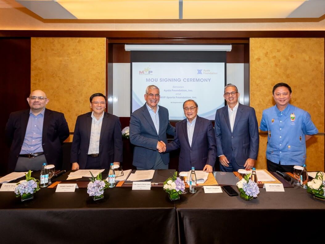 AFI senior director for development programs Emil de Quiros, AFI president Tony Lambino, Ayala Corp. chair Jaime Augusto Zobel de Ayala, MVP Sports Foundation chair Manny V. Pangilinan; MVPSF president Alfredo Panlilio, and Philippine Sports Commission Chair John Patrick Gregorio at the signing of the MOU./Contributed photo