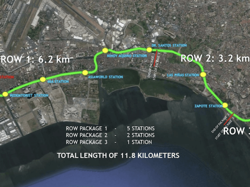  Route map of the LRT-1 Cavite Extension, showing completed Phase 1 up to Dr. Santos Station, while construction for Phase 2 and 3, extending into Cavite, is delayed due to unresolved right-of-way issues./Image from LRMC 
