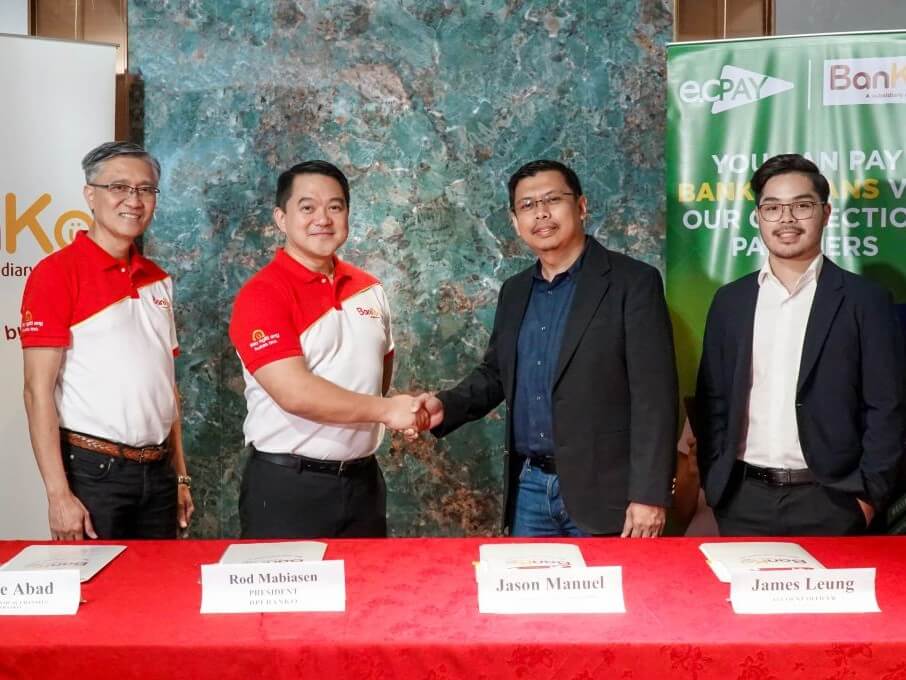 (From left) BanKo’s Myke Abad, physical channels head, and Rod Mabiasen Jr., president, with ECPay’s Jason Manuel, portfolio management & acquisition head and James Leung, account officer./ Photo from BPI