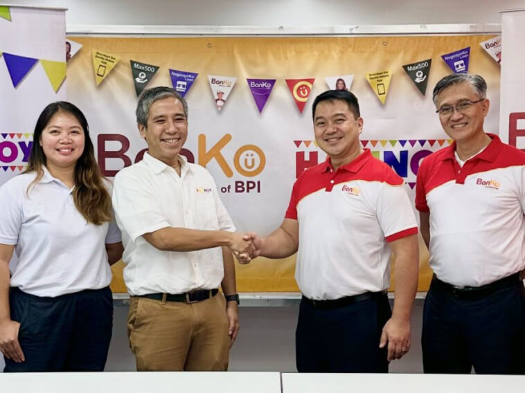 BanKo-Hapinoy collaboration: (From left) Maricar Dela Rosa, Hapinoy head of operations and systems; Mark Joaquin Ruiz, Hapinoy co-founder and president; Rod Mabiasen Jr., BanKo president; and Myke Abad, BanKo head of physical channels./Contributed photo