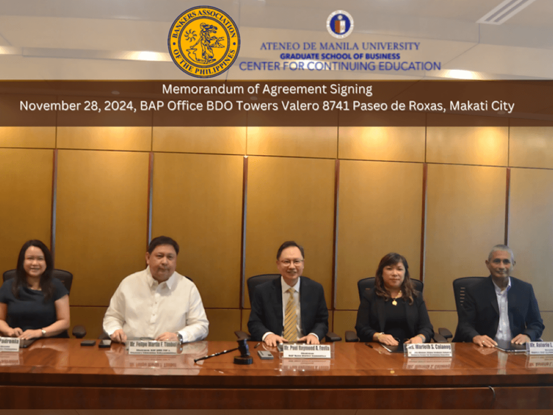 (L-R): Pinky S. Padronia, BAP senior associate director; Felipe Martin F. Timbol, BAPOMC TCP and treasury education subcommittee chair; Paul Raymond A. Favila, BAPOMC chair;  Marleth S. Calanog, Ateneo Center for Continuing Education executive director, and Asterio L. Favis Jr., Ateneo-BAP Institute of Banking director./ Contributed photo