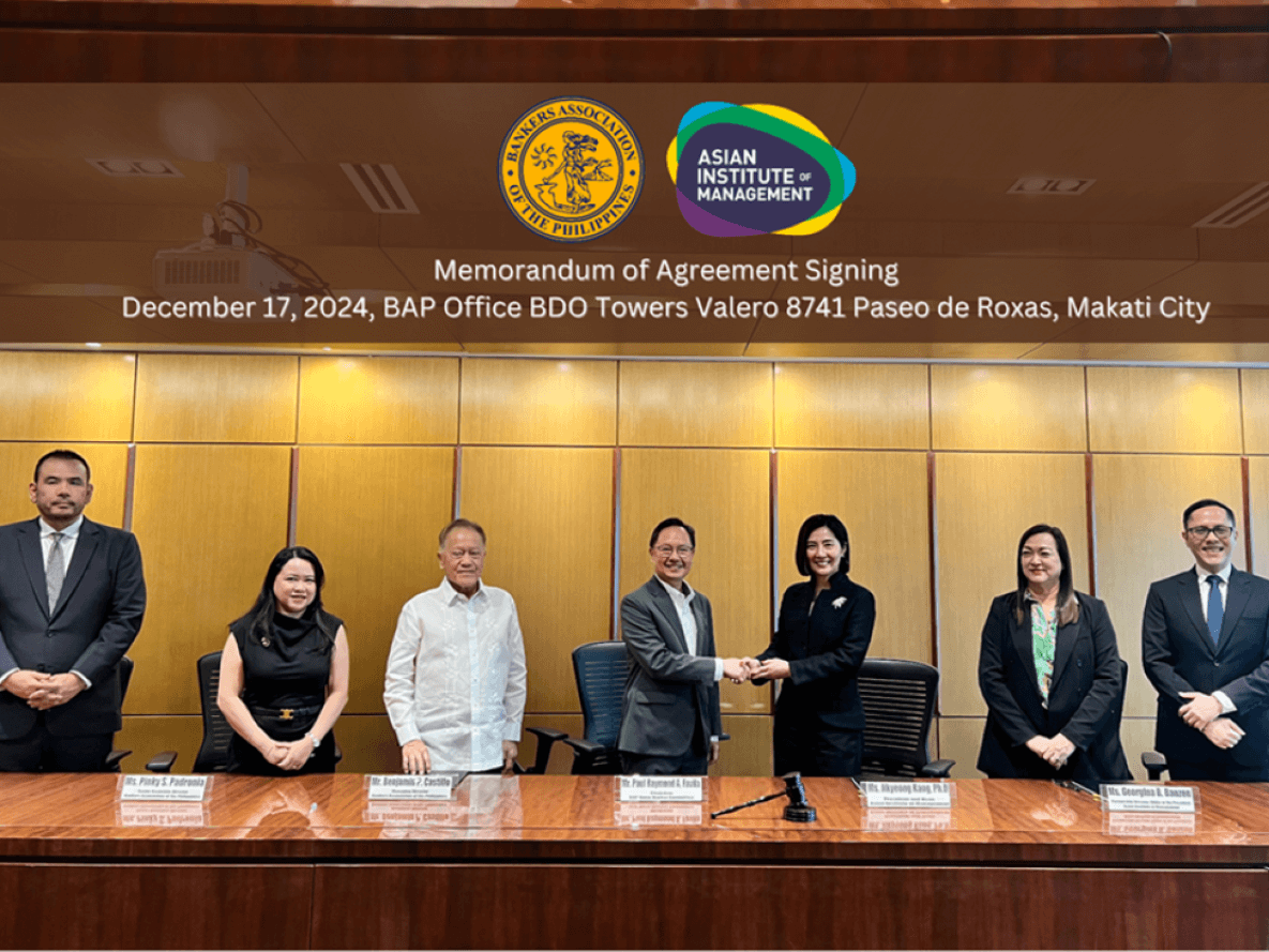 (L-R): Conrad Anthony Dominic Banal, BAPOMC TCP panel of experts chair; Pinky S. Padroni, BAP senior associate director; Benjamin P. Castillo, BAP managing director; Paul Raymond A. Favila, BAPOMC chair; Jikyeong Kang, AIM president and dean; Georgina B. Banzon, AIM Office of the President partnership director; and Clive Manuel O. Wee Sit, BAPOMC panel of experts vice chair./Contributed photo