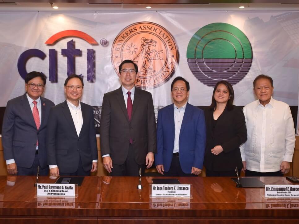 From left: Elfren Antonio S. Sarte, former chair, BAP operations committee; Paul Raymond A.Favila, CEO & banking head, Citi Philippines; TG Limcaoco, president, Bankers Association of the Philippines; Emmanuel E. Barcena, president & CEO, Philippine Clearing House Corp.; Apple Junio, co-chair, subcom on payments clearing and settlement; Benjamin P. Castillo, managing director, BAP./Contributed photo