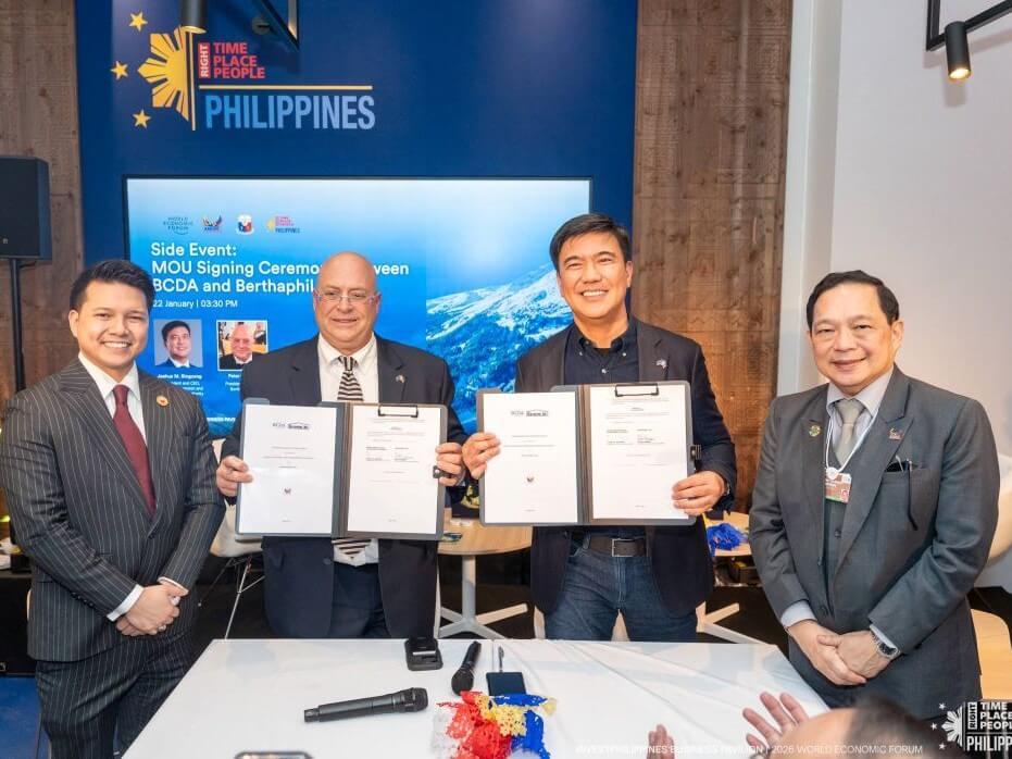 Berthaphil Inc. president and &nbsp;CEO Peter Herman (second from the left) and Bases Conversion and Development Authority President and CEO Joshua M. Bingcang (third from the left) sign a memorandum of understanding for the conduct of a collaborative study on the development of aviation-related industries in Clark Aviation Capital and New Clark City. Witnessing the signing are Rep. Brian Poe Llamanzares (leftmost) and Manuel A.J. Teehankee, Ambassador and Permanent Representative of the Philippines to the World Trade Organization (rightmost). | Photo by PH at WEF/GS Multimedia Production/Ken Garcia