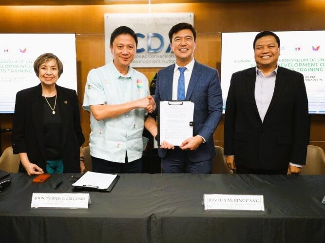 The Bases Conversion and Development Authority (BCDA) signed a memorandum of understanding with the Philippine Sports Commission (PSC) for the use of BCDA properties for national sports development. The ceremonial signing was attended by BCDA Chair Larry B. Paredes, President and CEO Joshua M. Bingcang, PSC Chair John Patrick Gregorio, and PSC Commissioner Olivia Coo. /Photo from BCDA ​