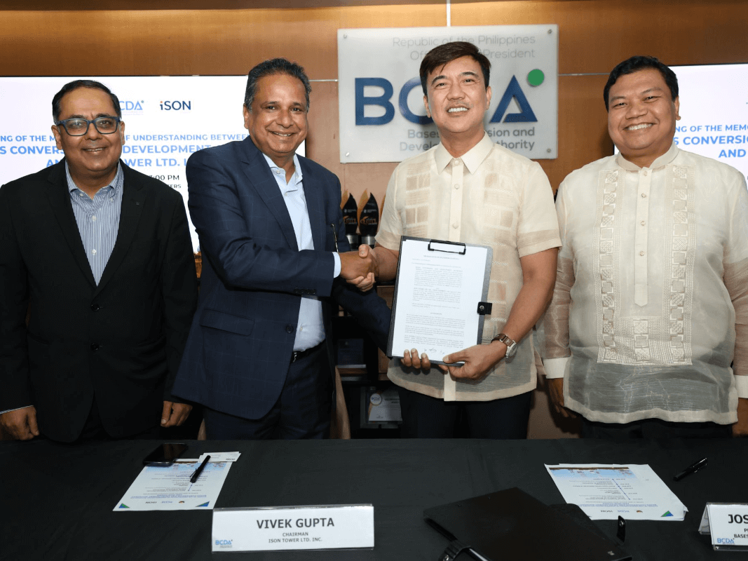iSON Tower founder and chair Vivek Gupta and BCDA President and CEO Joshua M. Bingcang signed the memorandum of understanding with  iSON Tower country manager for the Philippines Rahul Singh  and BCDA Chair Hilario B. Paredes as witnesses./ Contributed photo