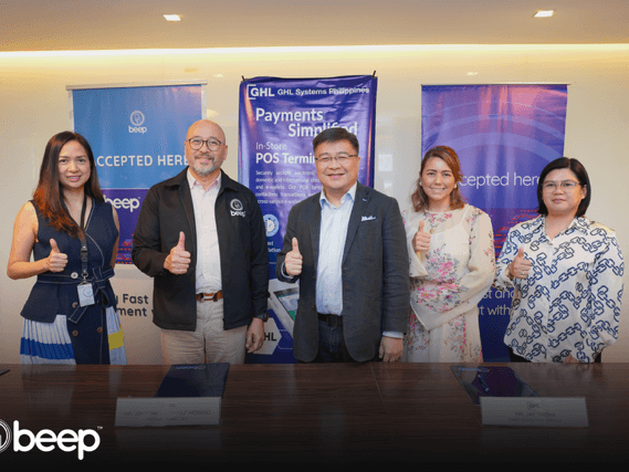 AF Payments is collaborating with GHL Systems Philippines to enable beep card acceptance at GHL-operated payment terminals nationwide. In photo from left: AF Payments representatives: Sharon Fong (chief commercial officer) and Jonathan Juan “JJ” Moreno (president and CEO) with GHL Systems Philippines representatives Jay Tirona (CEO), Michelle "Miru" Bulanhagui (vice president for corporate sales retail), and Kristine Suratos (vice president for information technology)./Contributed photo