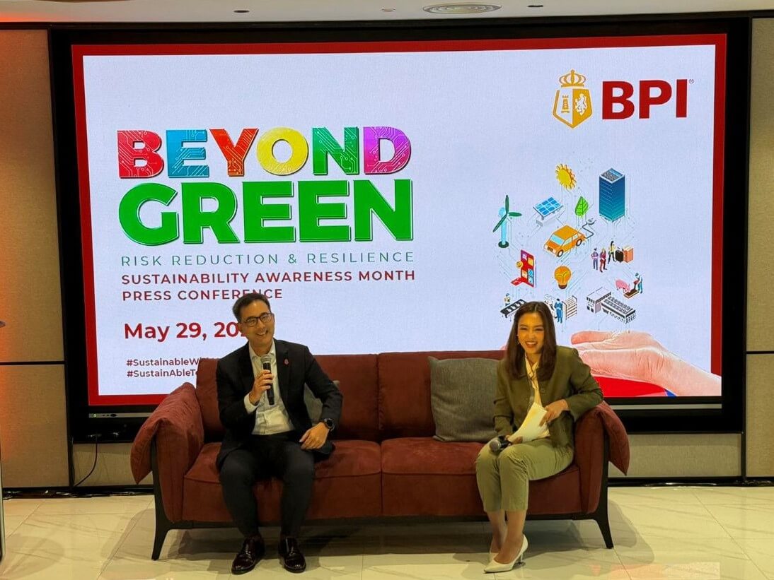 BPI CFO and chief sustainability officer Eric Luchangco engages with members of the media during the bank’s Sustainability Awareness Month press conference. He is joined by event host Mica Pineda./Photo from BPI