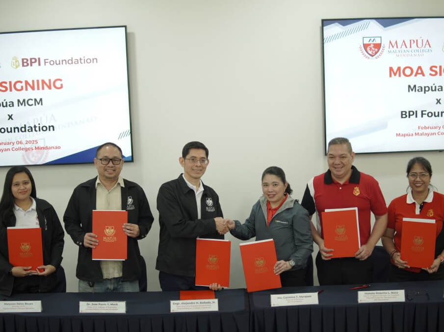 At the signing of the MOA on Feb. 6, 2025: (From left) Mapúa Malayan Colleges Mindanao’s (MMCM) Marycon Delos Reyes, CSCE director;  Dr. Jose Paolo Mack, Dean, College of Business, and EVP and COO Engr. Alejandro Ballado Jr. with BPI Foundation’s (BPIF) executive director Carmina Marquez; senior program manager Manolo Nava, and Program Manager Gladys Malapo./ Contributed photo