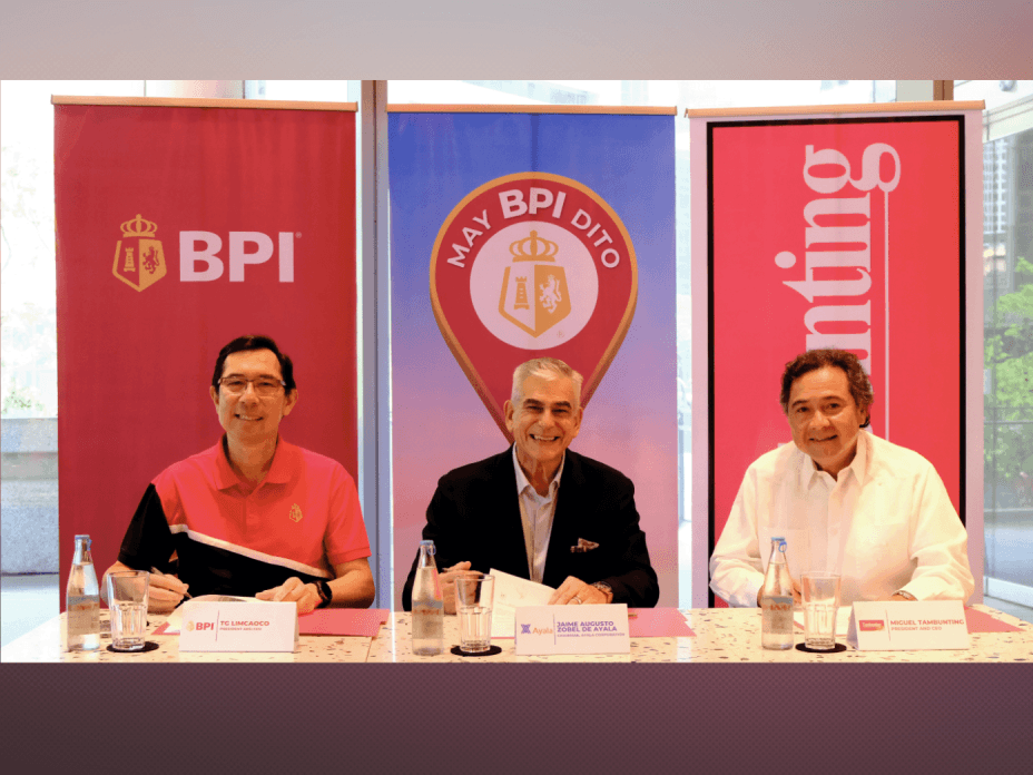 Formalizing the partnership are (from left) BPI president and CEO TG Limcaoco, BPI chair Jaime Augusto Zobel de Ayala, and Tambunting Pawnshop president and CEO Miguel Tambunting during the signing ceremony. | Contributed photo