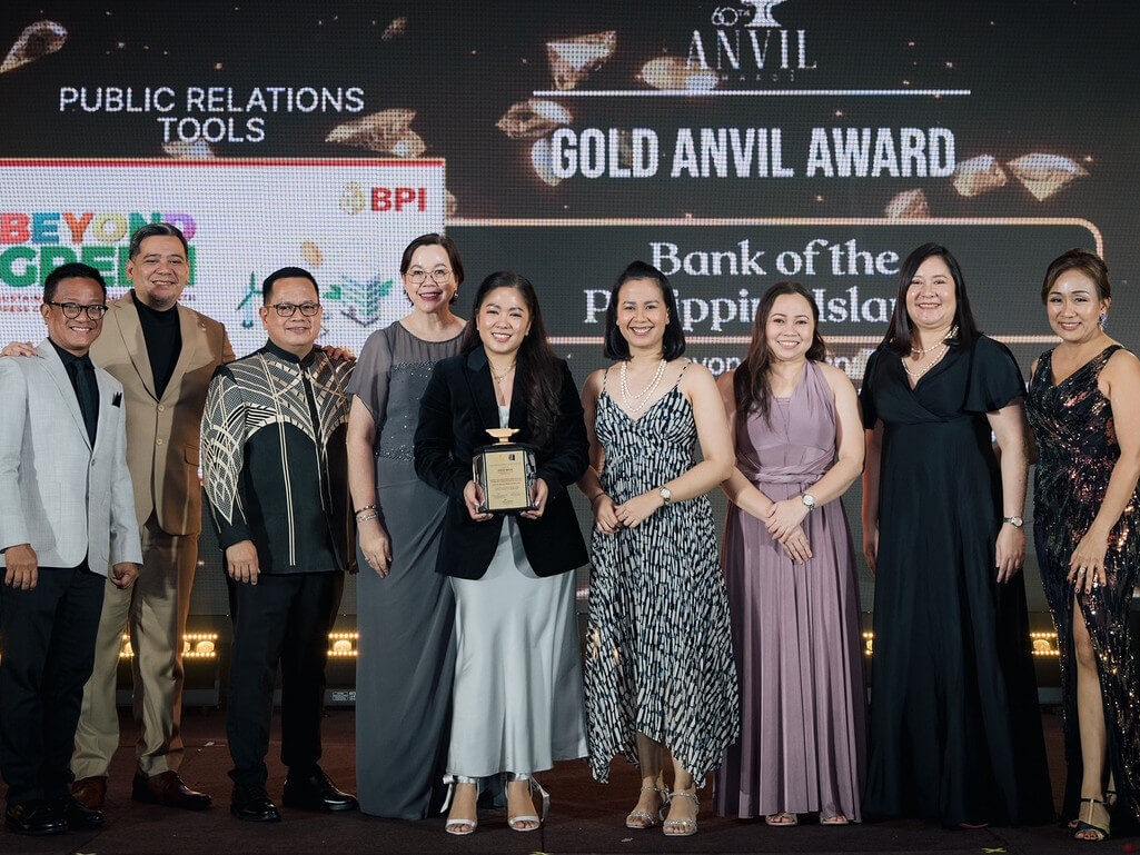 (From left) Norman Agatep,  PRSP VP-external affairs; Mikey de Quiros, PRSP VP-internal affairs and chair of the 60th Anvil Awards; Andy Saracho,  PRSP president; BPI’s chief customer & marketing officer Cathy Santamaria, external communications and media relations head Joey Silvestre; media relations officer Nina Robles; internal communications officer Madelein Embalado, public affairs & communications head Maria Elena Torrijos; and Louie Sebastian of PRSP./ Photo from BPI
