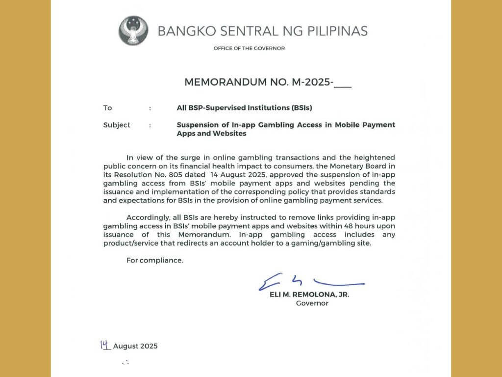 The central bank memorandum signed by Gov. Eli Remolona./BSP website