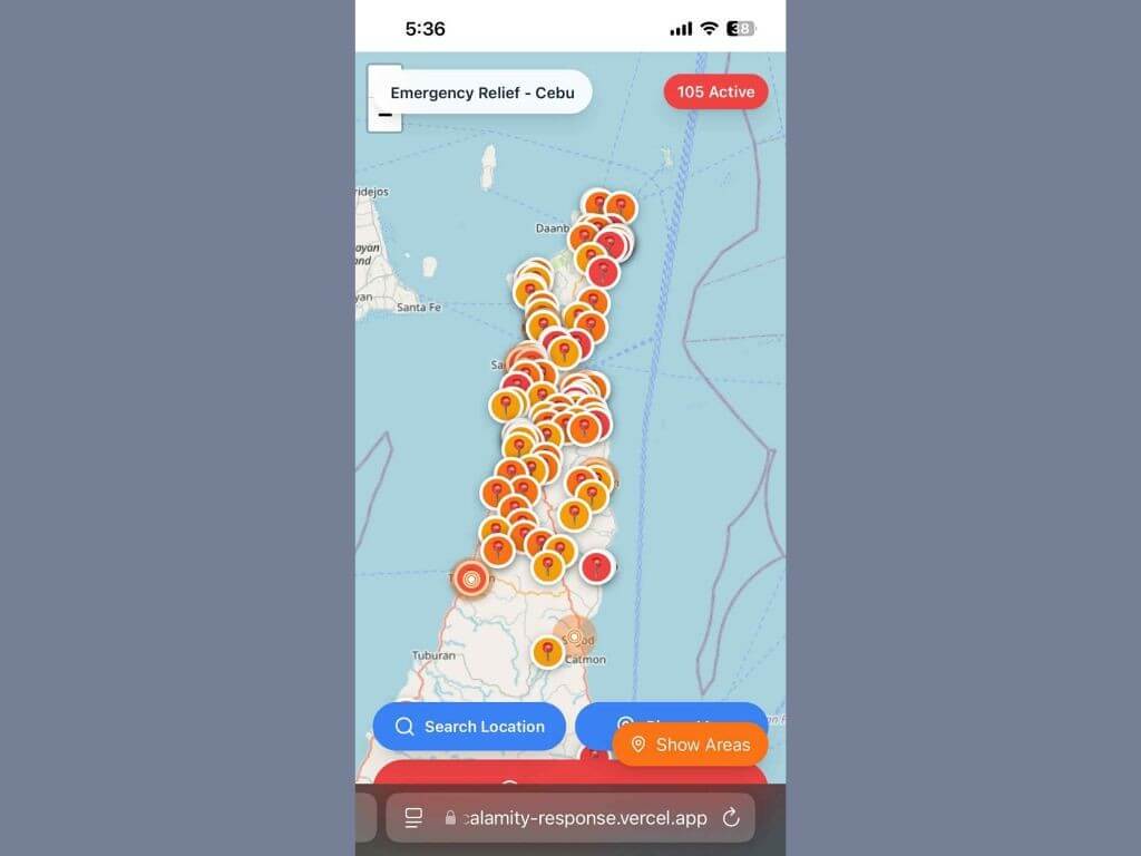 Screenshot of the app. The pins indicate the locations of earthquake victims. (Click to view full image)