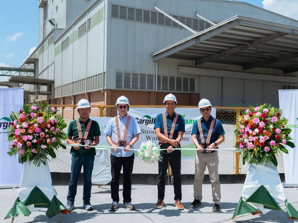 Cargill and Biotech leaders mark the beginning of a shared commitment to advancing animal nutrition in Mindanao, officially launching their partnership with a ceremonial ribbon cutting at the Tantangan Plant within the Biotech Agro-Industrial Complex in South Cotabato. (From left) Erwin Saballa, Biotech COO; Rey Chiang, Biotech CEO; Sonny Catacutan, Cargill senior managing director; and Carlito Fernando, Cargill director for manufacturing and supply chain./ Contributed photo