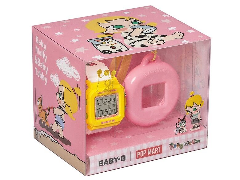 The limited-edition Baby Molly &times; BABY-G watch comes in special packaging featuring Baby Molly and Baby Tabby, her feline best friend, highlighting the playful character designs associated with POP MART's collectible universe. | Contributed photo