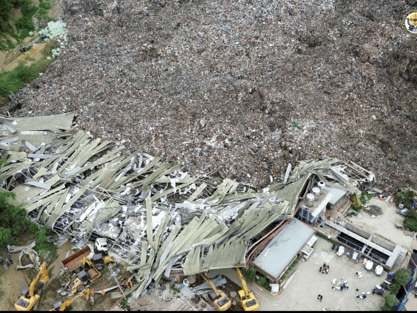 Drone shot taken of the landslide area inside the Prime Waste Solution in Barangay Binaliw, Cebu City by the Bureau of Fire Protection in Central Visayas.