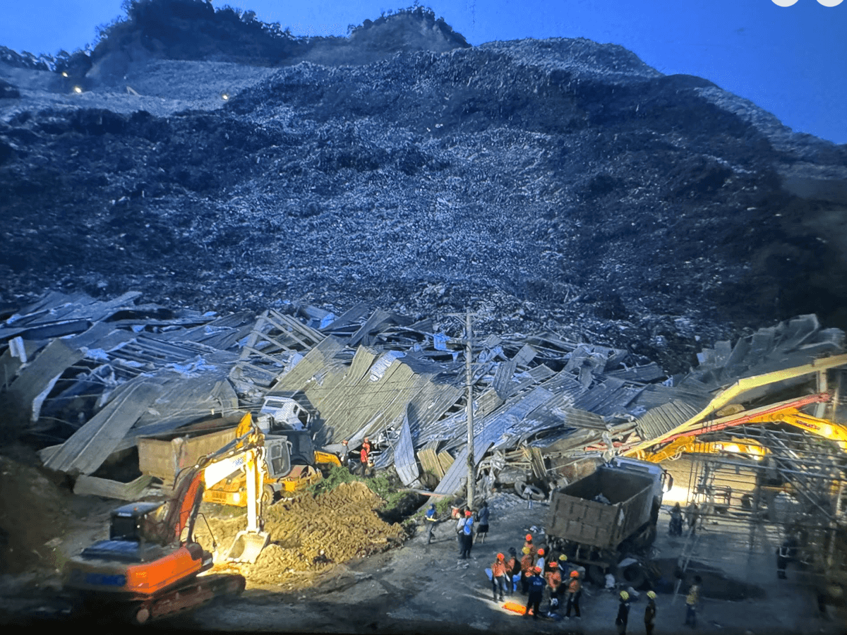The Prime Waste Solutions office was reduced to twisted steel after it was struck by cascading garbage when a portion of the landfill collapsed in Barangay Binaliw, Cebu City. | Photo by Councilor Joel Garganera.