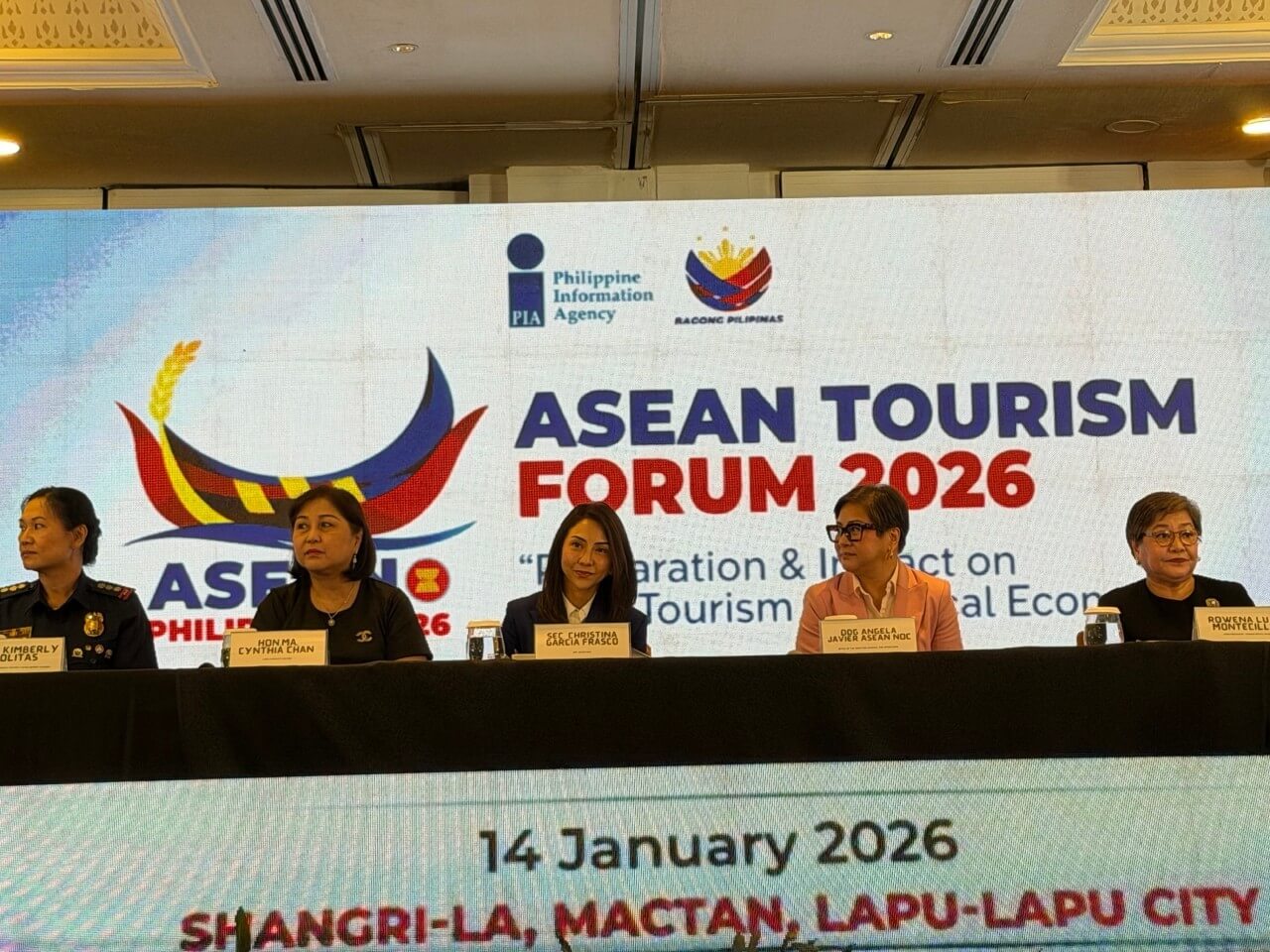 Tourism Secretary Christina Frasco (center) is joined in by Police Col. Kimberly Molitas of the Police Regional Office in Central Visayas, Lapu-Lapu City Mayor Cynthia Chan, Deputy Director General &nbsp;Angela Javier of the ASEAN National &nbsp;Organizing Committee &nbsp;and Cebu Provincial Tourism Officer Rowena Montecillo during the ASEAN Tourism Forum media briefing at the Shangri-La Mactan in Lapu-Lapu City | Photo by Connie Fernandez-Brojan &nbsp;(Click to view full image)