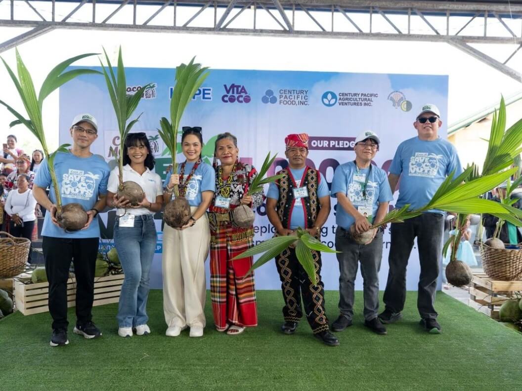 Coco Mama marked the launch of its Save Our Coconuts initiative, which pledges one million coconut seedlings to support smallholder farmers, during World Coconut Day. Joining the event were CNPF Coco Mama general manager Bryan A. Lingan, CNPF Coconut OEM Exports general manager Noel M. Tempongko Jr., brand ambassador Judy Ann Santos-Agoncillo, Philippine Coconut Authority representative Eric C. Divinagracia, HOPE representative Nadine Dorego, and local coconut farmers. | Contributed photo