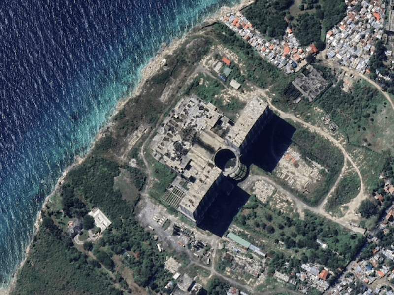 A satellite view from Google Earth shows the unfinished shell structure of Emerald Bay of PH Resorts Group, located on prime beachfront land in Mactan Island, Cebu.