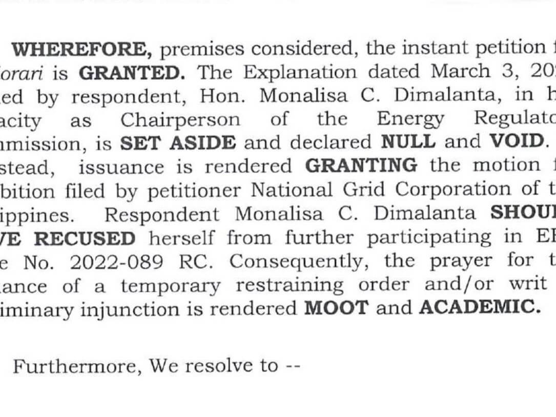 Screen capture of the April 30 Court of Appeals decision ordering the ERC chair to recuse herself from the NGCP rate proceedings./Contributed