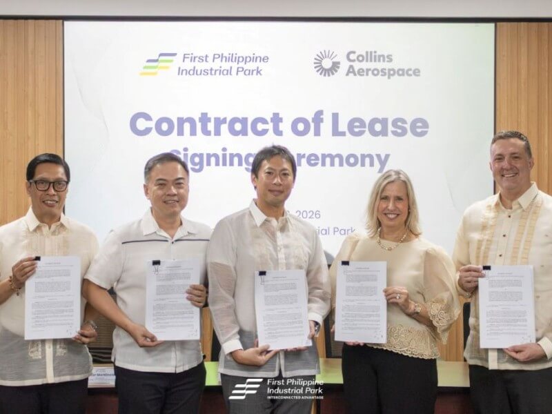 Collins Aerospace and FPIP officials pose for a group photo after signing an agreement for the expansion of Collins Aerospace&rsquo;s area at FPIP. They are (from left) Manuel S. Lizardo Jr. head of FPIP business development and corporate services group; Victor Z. Montinola, head of FPIP land acquisition group; Yutaro Kuryu, FPIP senior vice president and head of industrial business group; Mary DeStaffan, general manager of Collins Aerospace&rsquo;s Philippine campus; and Alan Hall, finance director of Collins Aerospace. | Contributed photo